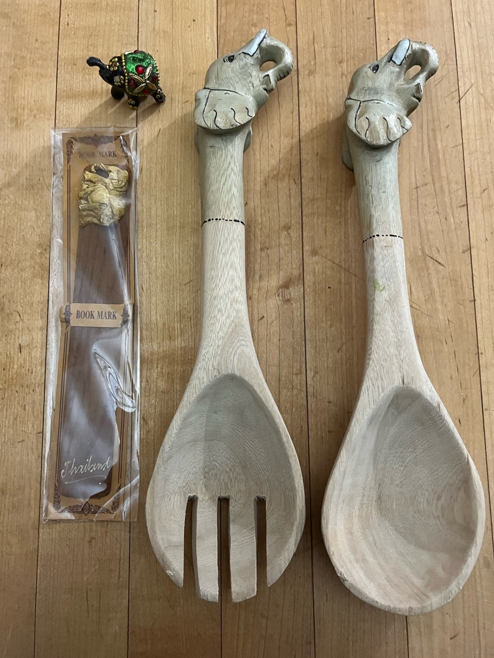 Elephant Collection- Wooden Serving Spoon & Fork Set - Book mark, small elephant